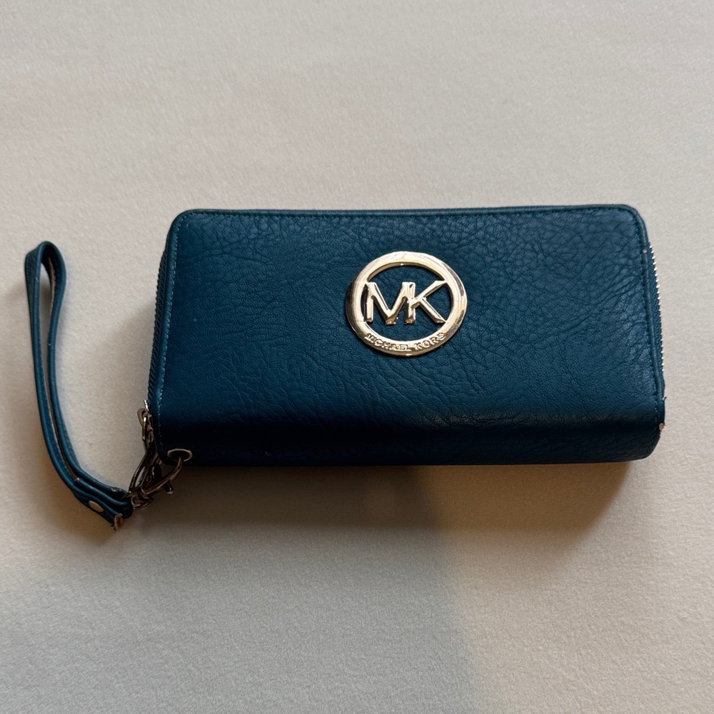 Michael Kors Dark Teal Wristlet with Gold Logo
